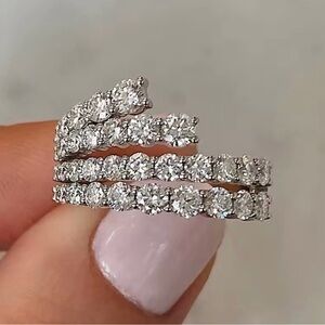 Silver-Tone Triple Row Crystal Spiral Ring - Clear Cubic Zirconia
